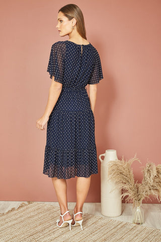Yumi Navy Dot Print Mesh Stretch Midi Skater Dress - Hstrends