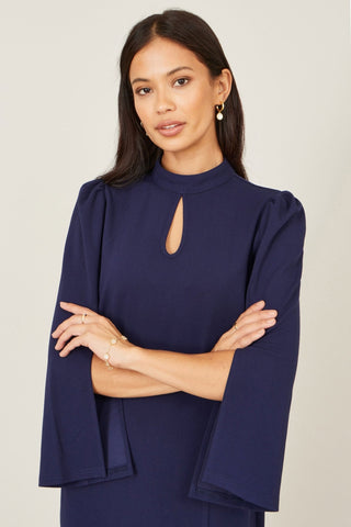 Yumi Navy Fitted Midi Dress With Flute Sleeves - Hstrends