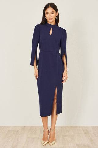 Yumi Navy Fitted Midi Dress With Flute Sleeves - Hstrends