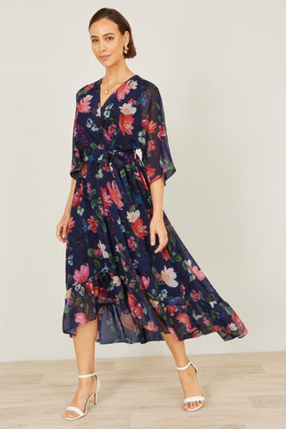 Yumi Navy Floral Kimono Wrap Dress With Dip Hem - Hstrends