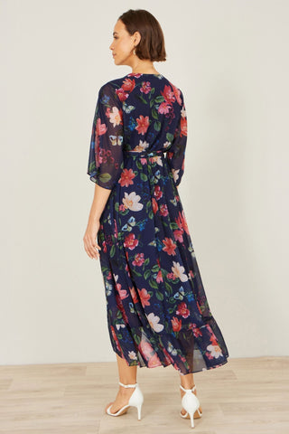Yumi Navy Floral Kimono Wrap Dress With Dip Hem - Hstrends