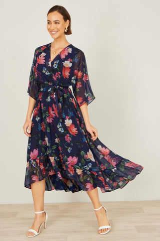 Yumi Navy Floral Kimono Wrap Dress With Dip Hem - Hstrends