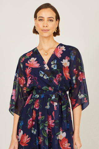 Yumi Navy Floral Kimono Wrap Dress With Dip Hem - Hstrends