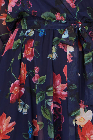 Yumi Navy Floral Kimono Wrap Dress With Dip Hem - Hstrends