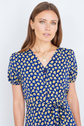 Yumi Navy Floral Midi Shirt Dress - Hstrends
