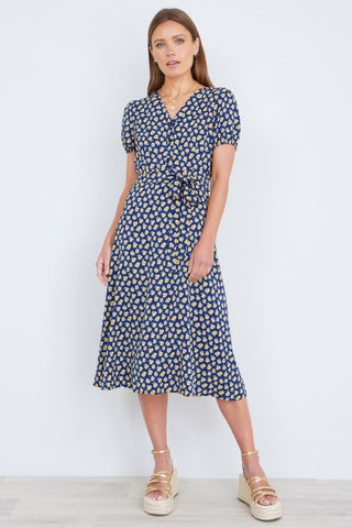 Yumi Navy Floral Midi Shirt Dress - Hstrends