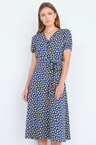 Yumi Navy Floral Midi Shirt Dress - Hstrends