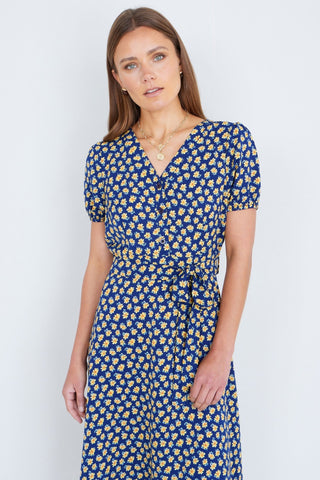 Yumi Navy Floral Midi Shirt Dress - Hstrends