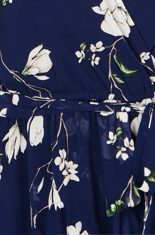 Yumi Navy Floral Wrap Midi Dress With Frill Hem - Hstrends