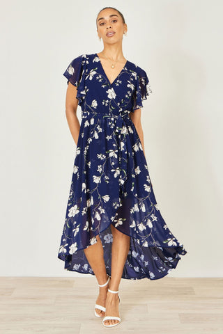 Yumi Navy Floral Wrap Midi Dress With Frill Hem - Hstrends