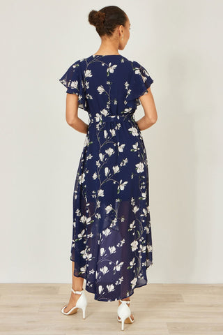 Yumi Navy Floral Wrap Midi Dress With Frill Hem - Hstrends