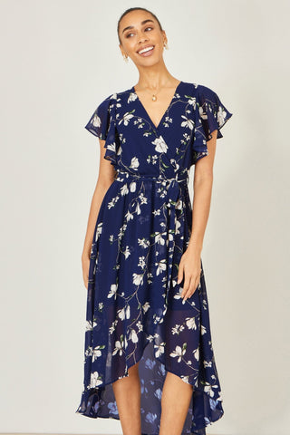 Yumi Navy Floral Wrap Midi Dress With Frill Hem - Hstrends