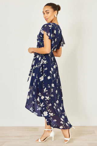 Yumi Navy Floral Wrap Midi Dress With Frill Hem - Hstrends