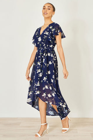 Yumi Navy Floral Wrap Midi Dress With Frill Hem - Hstrends