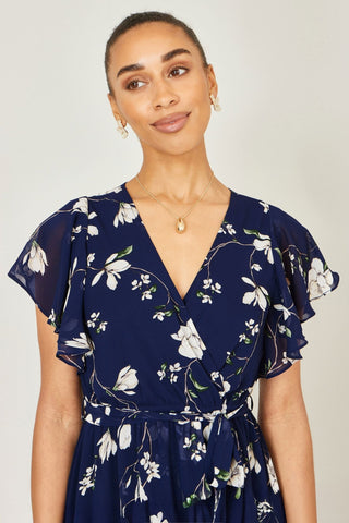 Yumi Navy Floral Wrap Midi Dress With Frill Hem - Hstrends