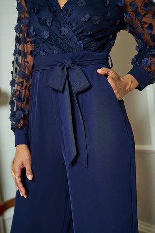 Yumi Navy Flower Applique Jumpsuit - Hstrends