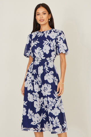 Yumi Navy Flower Stretch Mesh Midi Dress With Angel Sleeves - Hstrends