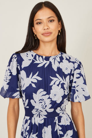 Yumi Navy Flower Stretch Mesh Midi Dress With Angel Sleeves - Hstrends