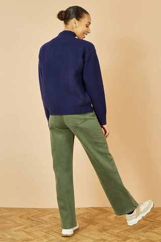 Yumi Navy Knitted High Neck Jumper With Applique Flowers - Hstrends