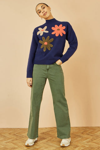 Yumi Navy Knitted High Neck Jumper With Applique Flowers - Hstrends