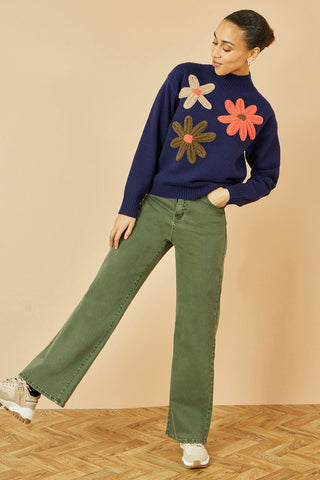 Yumi Navy Knitted High Neck Jumper With Applique Flowers - Hstrends