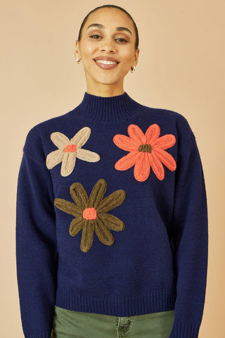 Yumi Navy Knitted High Neck Jumper With Applique Flowers - Hstrends