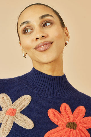 Yumi Navy Knitted High Neck Jumper With Applique Flowers - Hstrends
