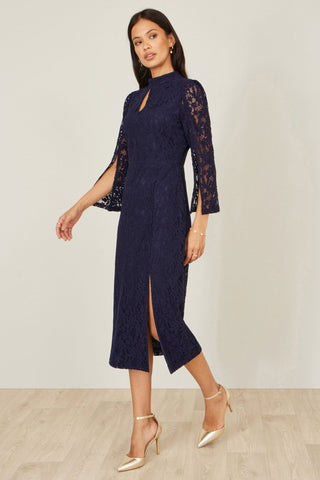 Yumi Navy Lace Fitted Midi Dress With Flute Sleeves - Hstrends