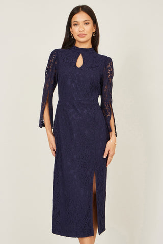 Yumi Navy Lace Fitted Midi Dress With Flute Sleeves - Hstrends
