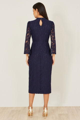 Yumi Navy Lace Fitted Midi Dress With Flute Sleeves - Hstrends