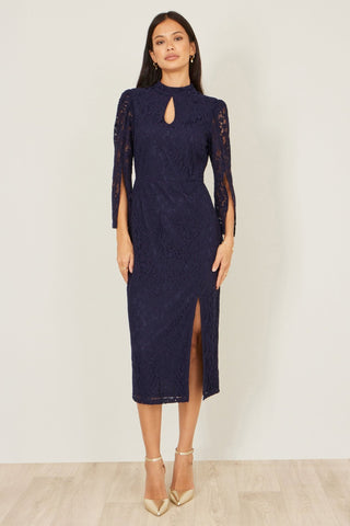 Yumi Navy Lace Fitted Midi Dress With Flute Sleeves - Hstrends