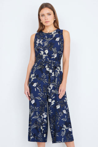 Yumi Navy Leaf Culotte Jumpsuit - Hstrends