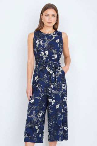 Yumi Navy Leaf Culotte Jumpsuit - Hstrends
