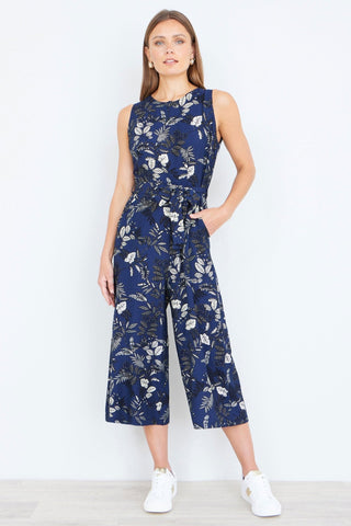 Yumi Navy Leaf Culotte Jumpsuit - Hstrends
