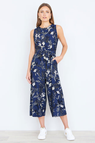 Yumi Navy Leaf Culotte Jumpsuit - Hstrends