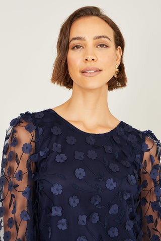 Yumi Navy Long Sleeve Floral Applique Tunic - Hstrends