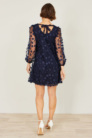 Yumi Navy Long Sleeve Floral Applique Tunic - Hstrends