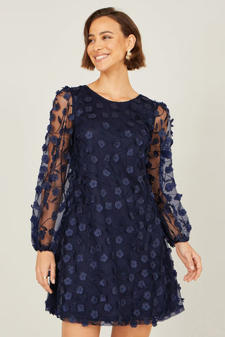 Yumi Navy Long Sleeve Floral Applique Tunic - Hstrends