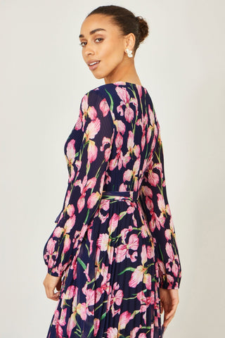 Yumi Navy Orchid Floral Pleated Wrap Maxi Dress - Hstrends
