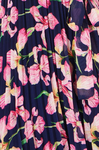 Yumi Navy Orchid Floral Pleated Wrap Maxi Dress - Hstrends