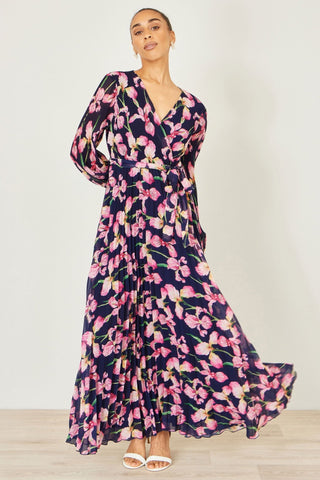 Yumi Navy Orchid Floral Pleated Wrap Maxi Dress - Hstrends