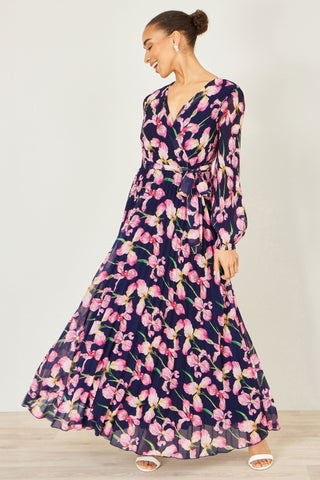 Yumi Navy Orchid Floral Pleated Wrap Maxi Dress - Hstrends