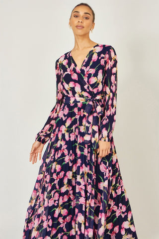 Yumi Navy Orchid Floral Pleated Wrap Maxi Dress - Hstrends