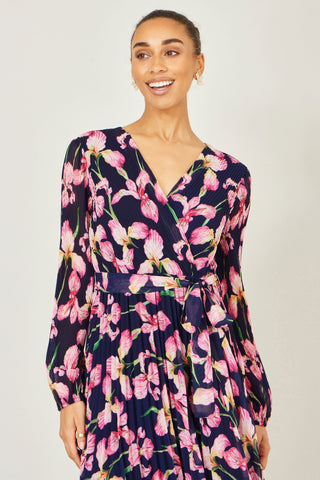Yumi Navy Orchid Floral Pleated Wrap Maxi Dress - Hstrends
