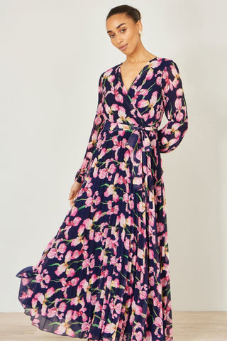 Yumi Navy Orchid Floral Pleated Wrap Maxi Dress - Hstrends