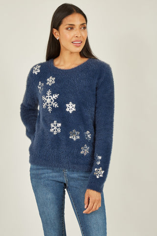 Yumi Navy Sequin Snowflake Fluffy Jumper - Hstrends