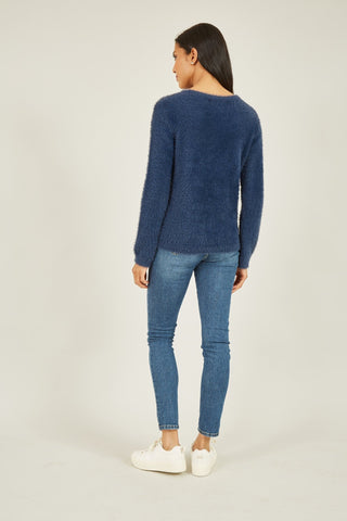 Yumi Navy Sequin Snowflake Fluffy Jumper - Hstrends