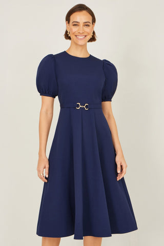 Yumi Navy Skater Dress With Puff Sleeves And Buckle Detail - Hstrends