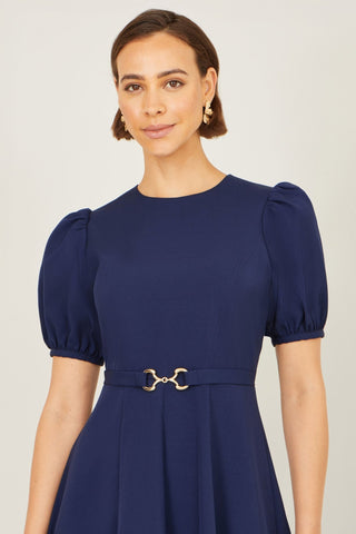 Yumi Navy Skater Dress With Puff Sleeves And Buckle Detail - Hstrends
