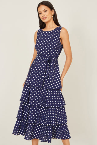Yumi Navy Spot Tiered Midi Dress - Hstrends
